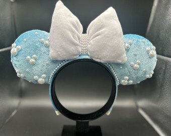 Velvet Blue mouse ears with Pearl accents: Hidden Mickey Headband