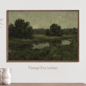 Vintage Grassy Valley With River Oil Painting, Forest Art, Nature Painting, Digital Download, Digital Print, Vintage Printable Art | 0074