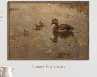 Vintage Duck & Duckling Oil Painting | Farmhouse Wall Art | Rustic Bird Print | Digital Download | 0064