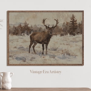 Vintage Reindeer, Christmas Themed | Winter Snow Landscape Painting, Digital Download, Digital Print, Vintage Printable Artwork | 0173