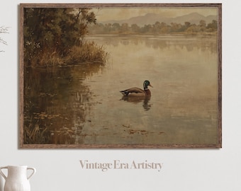 Vintage Duck Pond Oil Painting | Farmhouse Wall Art Printable | Rustic Lake Bird Print | Digital Download | 0115