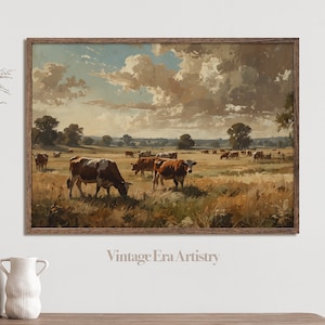 Vintage Herd of Cows Oil Style Painting, Farmland Painting, Grass Fields, Digital Download, Digital Print, Vintage Printable Artwork