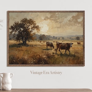 Vintage Farm Painting, Herd of Cows Oil Style Painting, Grass Fields, Digital Download, Digital Print, Vintage Printable Artwork