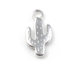 May include: Silver charm in the shape of a cactus with a loop at the top for attaching to a necklace or bracelet.