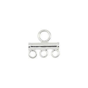 May include: A silver-coloured jewellery clasp with a bar and four loops. One loop is at the top, and three are at the bottom. The clasp is designed to connect multiple strands of a necklace or bracelet. The background is white.
