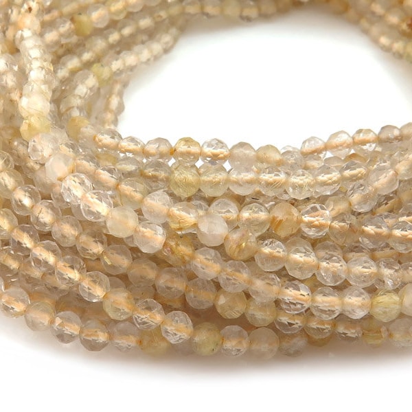 Perles rondes à facettes en quartz rutile doré AAA 3 mm ~ 12,5 po.