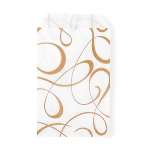 May include: A white paper gift bag featuring a repeating pattern of flowing, golden-brown swirls. The bag is rectangular with a folded top, suitable for small gifts or treats. The design is elegant and suitable for various occasions.