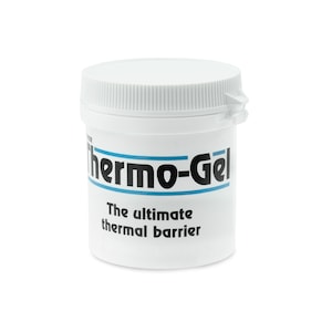 Puede incluir: Un tarro de plástico blanco con una etiqueta azul y negra que dice "Thermo-Gel" y "La barrera térmica definitiva".