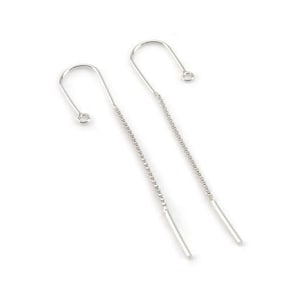 May include: A pair of silver chain earrings with a hook fastening and a small bar at the end of the chain.