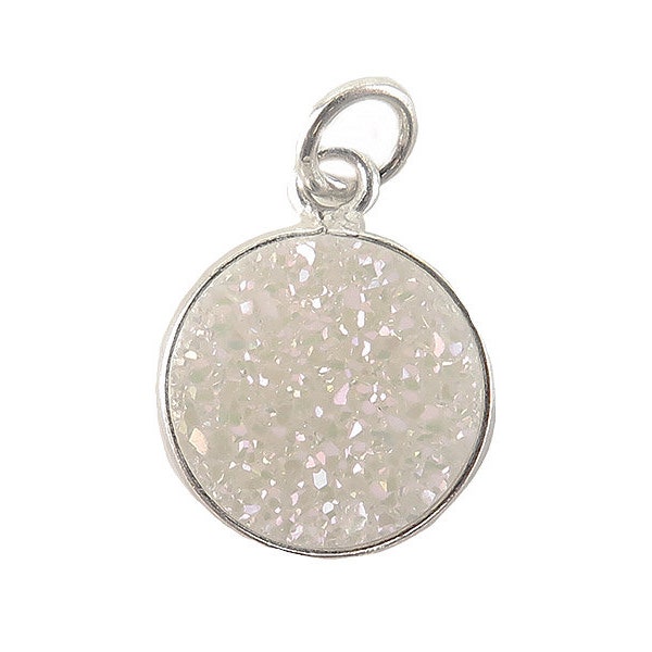 Sterling Silver White Druzy Round Pendant 14mm