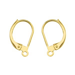 Op de afbeelding: Een paar gouden oorbelsluitingen met een sluiting met een hendel.