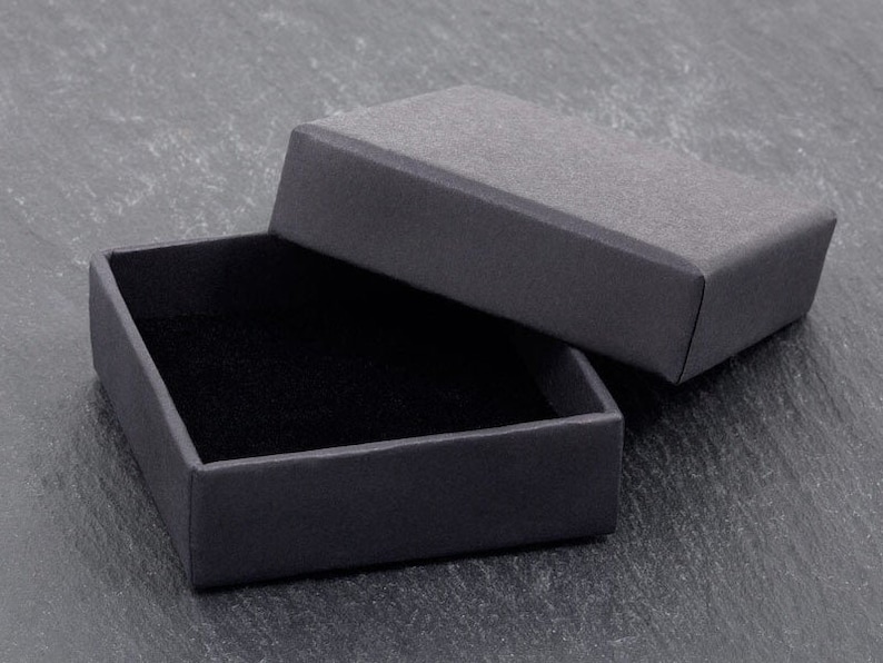 May include: A black, rectangular box with a lid that is open. The box is lined with black velvet.