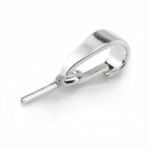 May include: Silver-toned metal pendant bail with a loop opening and a straight pin. The bail is designed to attach a pendant to a chain or cord.