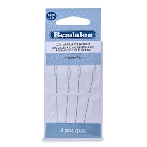 May include: Package of four 2.5-inch collapsible eye needles for beading. The package is blue and white with the text "Beadalon Collapsible Eye Needles Fine/Fine/Fino 4 pcs./pzs."