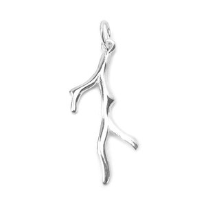 May include: A silver charm in the shape of a branch. The charm is detailed and has a smooth finish.