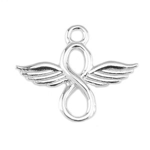 May include: Silver charm featuring an infinity symbol with wings. The wings are detailed with lines and the infinity symbol is smooth.