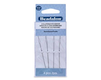 May include: Package of four 2.5 inch collapsible eye needles for beading. The needles are silver and come in a clear plastic package with blue and white text that reads "Beadalon Collapsible Eye Needles, Heavy/Epaisse/Pesado, 4 pcs./pzs."