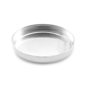 May include: A silver round metal tray with a slightly raised edge.