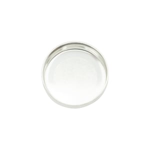 May include: A silver metal ring with a smooth, round surface.