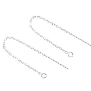 May include: A pair of silver chain earrings with a simple design. Each earring features a delicate chain with a small loop at the end.