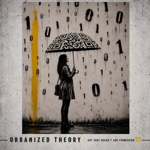 Binary Rain Stencil Art Print, QR Code Umbrella Street Art Poster, Urban Surveillance Wall Art, Tech Social Commentary Print