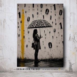 Puede incluir: Una impresión de arte mural que muestra a una persona bajo un paraguas con código QR en blanco y negro. El fondo es una pared gris claro cubierta con dígitos binarios negros y una franja amarilla vertical. El texto Urbanized Theory está abajo.