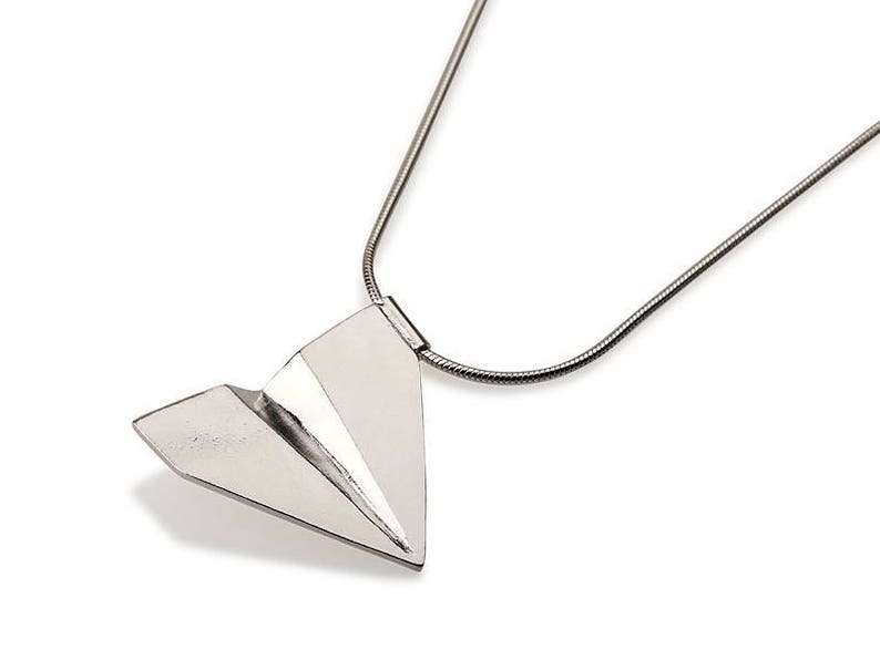 Origami Airplane Necklace Silver Paper Plane Pendant Image 0
