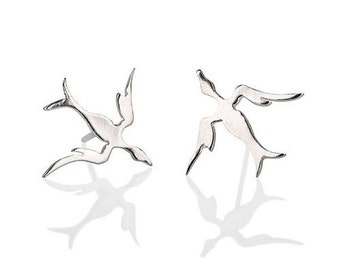 Swallow stud silver earrings, Silver Swallow Earrings, Flying Bird Studs Sterling Silver, SWALLOW, Sterling silver bird earrings, handmade