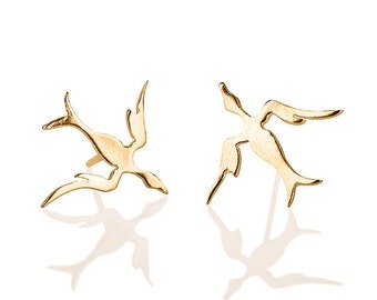 Swallow stud gold earrings, Gold Swallow Earrings, Flying Bird Studs 14 Karat Gold, SWALLOW, Sterling silver bird earrings,handmade earrings