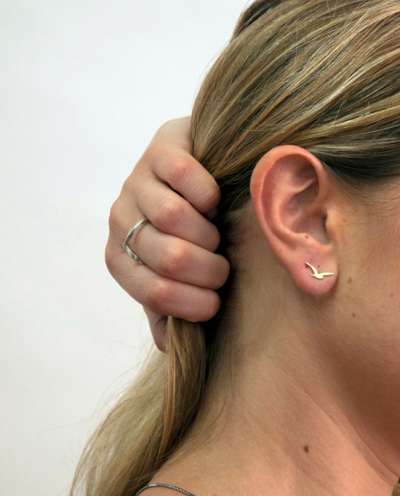 Seagull Earrings, 14k Gold Stud Earring , Gold Bird Earrings, Flying