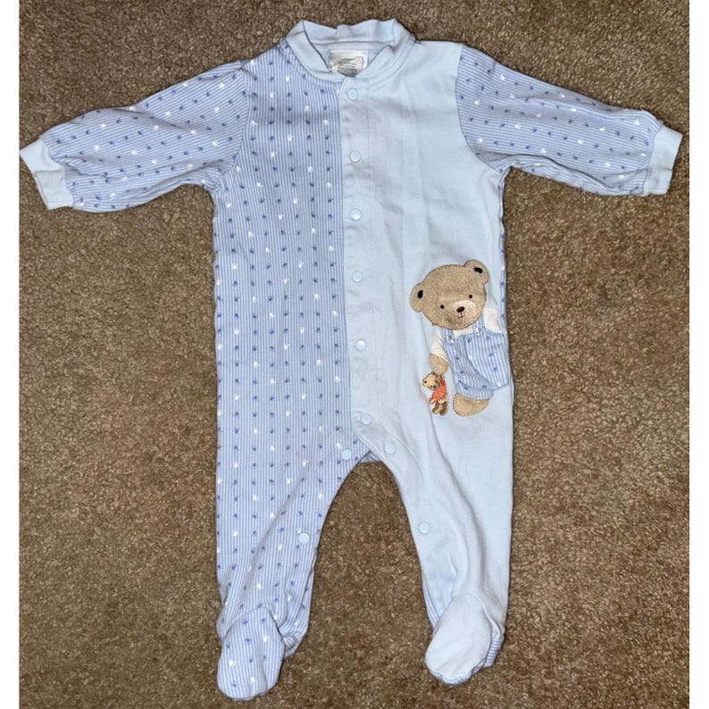 Vintage Carter's Baby Sleeper Blue 3-6 Months Teddy Bear Soft Snap Up image 1