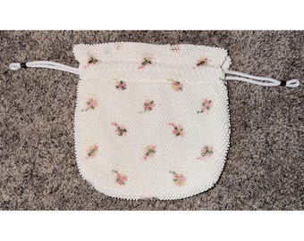 Bolso vintage de los años 60, blanco, con cordón ajustable y cuentas hechas a mano, estampado floral rosa. Bolso de noche para novias.