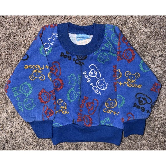 Vintage Y2K Fisher Price Kidswear Toddler Sweatshirt Dog Cat Mouse Print Blue