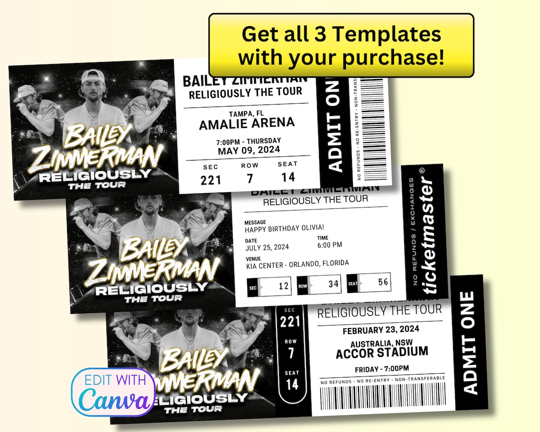 Bailey Zimmerman Editable Ticket, Bailey Concert 2024, Memorabilia Tour