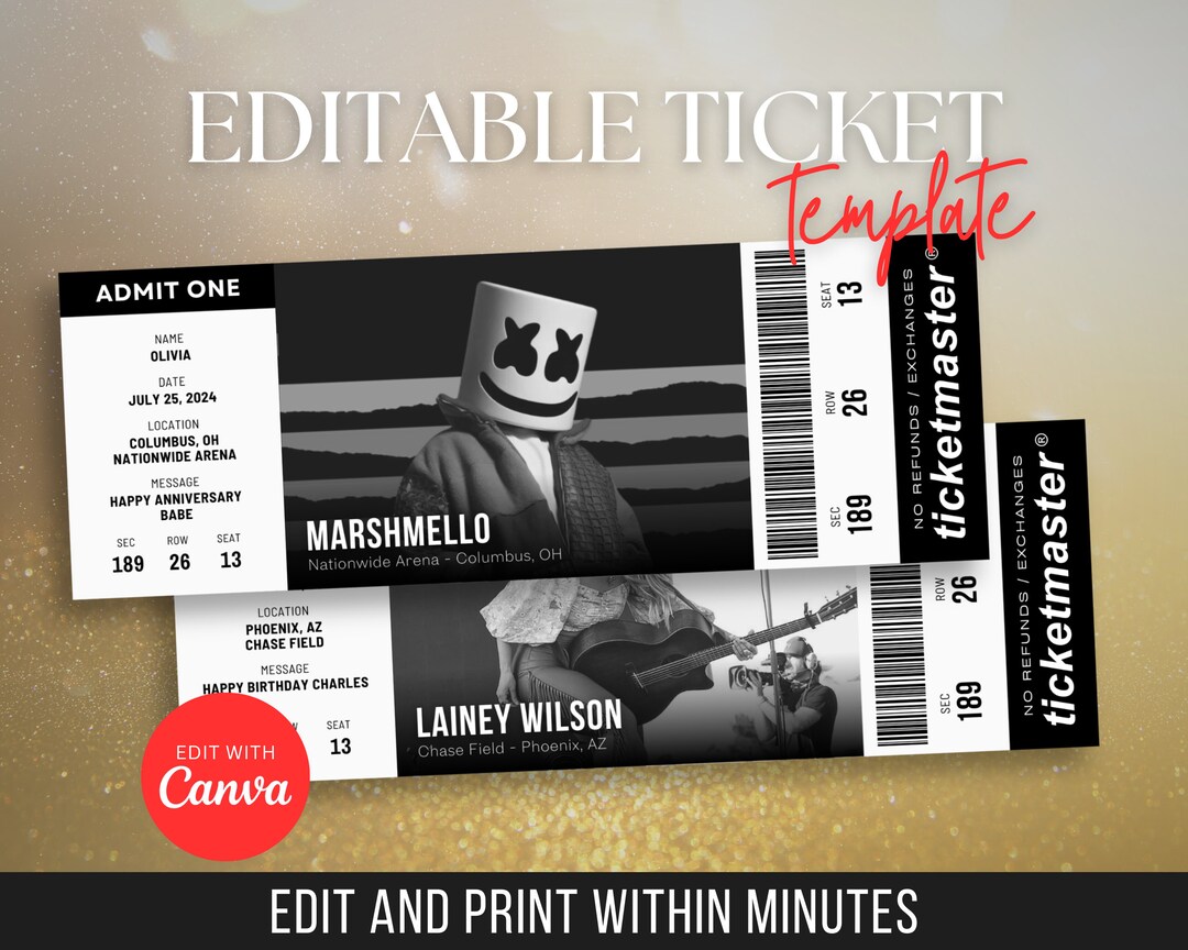 Editable Concert Ticket Template, DIY Event Tickets, Surprise Gift ...