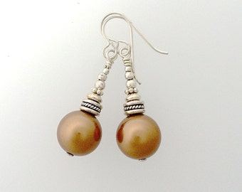 Swarovski Crystal 12 mm Pearl Earrings Light Copper Color. L