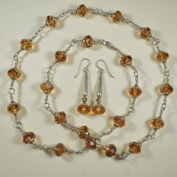 Necklace Set Vintage but Perfect Swarovski Crystal Topaz in Sterling Silver 29 inches Plus Earrings