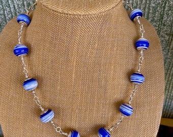 Necklace Blue and White Lamp work Glass Beads with Sterling Silver 21.5 in