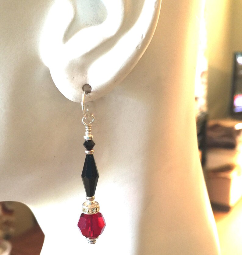 Jet Black and Red Crystal Earrings With Sparkle and Sterling Silver image 1