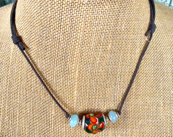 Three Bead Lamp Work Bead Necklace on Ajdustable Brown Cord by Kate Drew Wilkinson