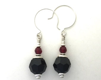 Jet Black and Red Swarovski Crystal Earrings 10 MM With Sterling Silver #2