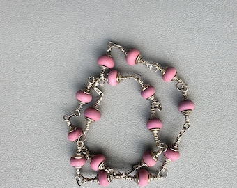 Rose Pink Lamp Work Glass and Silver Choker Necklace 18 1/2 ins "Dare to be Simple" Line Double Clasp