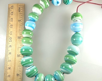 20 x 13mm Blue Green Lamp Work Beads Strand Made with recycled Stained Glass Scraps.
