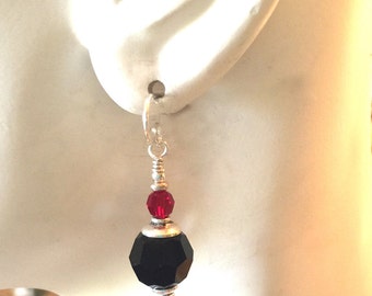 Jet Black and Red Swarovski Crystal Earrings 10 MM With Sterling Silver