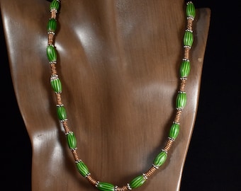 Rare Melon Bead Trade Bead Necklace Green 18 Inches Hand Made Clasp