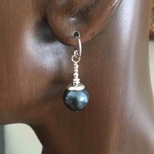 Swarovski Crystal Pearl Earrings Tahitian Green 10mm Pearls w/ Sterling Silver French Hooks