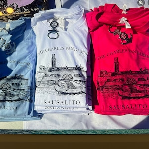 Sausalito Waterfront Tshirt Design of The Charles Van Damme,( Originally Drawn by me in 1979) All Sizes.Available in Blue, and White too.