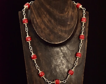 Red Faceted Glass and Silver Necklace. Classic!