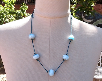 Recycled Lamp Work Bead Necklace Turquoise and White Made in USA