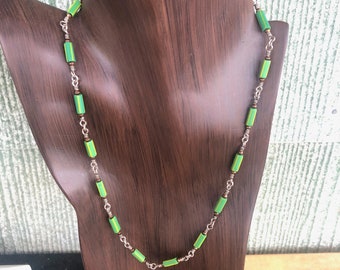 Green Necklace AFrican Trade Beads, Sterling Silver and Copper. 19 ins.